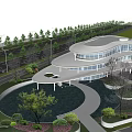 Modern Sales Office Building With Curved Roof Glass Facade And Landscape Water Feature 3d model