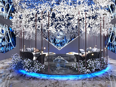 Elegant Modern KTV Room With Cherry Blossom Decor Blue Lighting Round Sofa And Mirror Wall 3d model