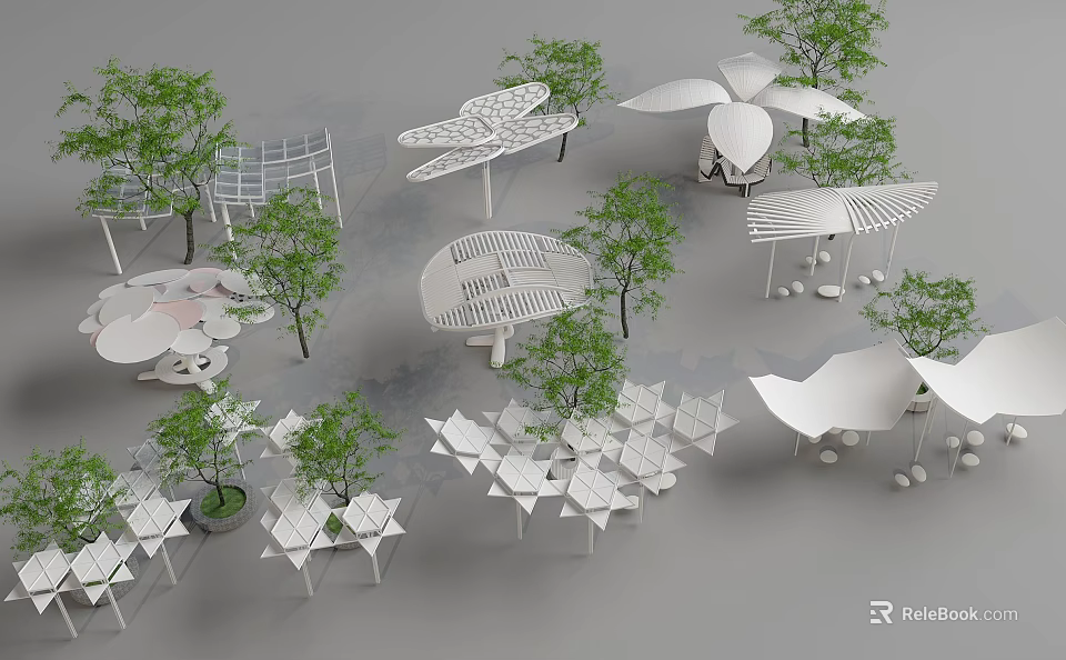 Modern White Pergolas With Various Geometric Shapes And Green Trees Around 3d model