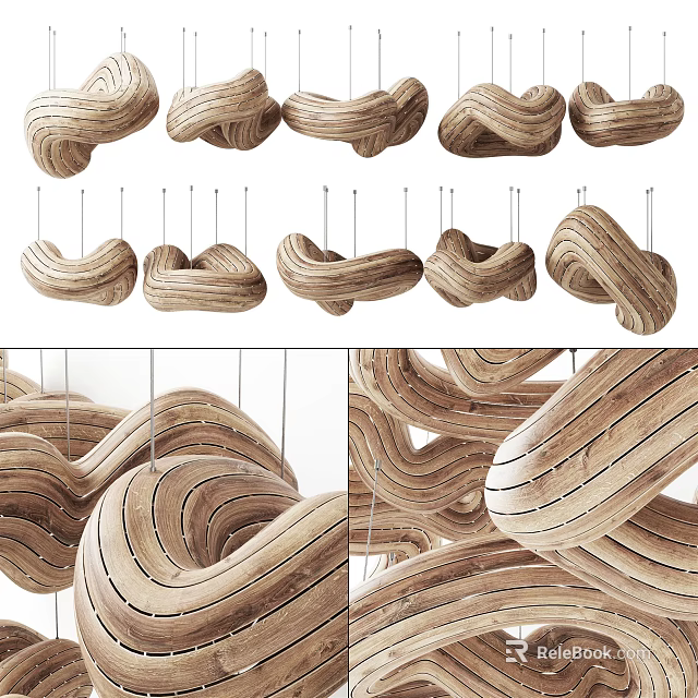 Unique Wooden Chandeliers With Twisted Spiral Design For Modern Interior Decor 3d model 