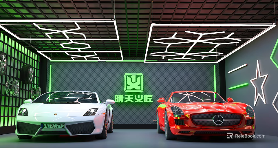 Modern Parking Lot Design With Green Linear Lighting Grid Walls And Luxury Sports Cars 3d model 