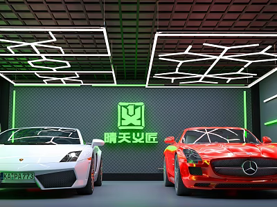Modern Parking Lot Design With Green Linear Lighting Grid Walls And Luxury Sports Cars 3d model