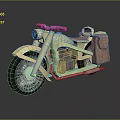 Yellow Vintage Motorcycle With Red Seat Brown Side Bag And Retro Headlight