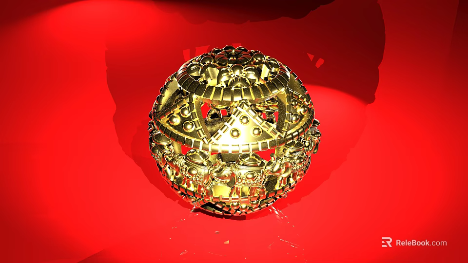 Elegant Gold Spherical Jewelry With Intricate Hollow Design On Red Background 3d model 