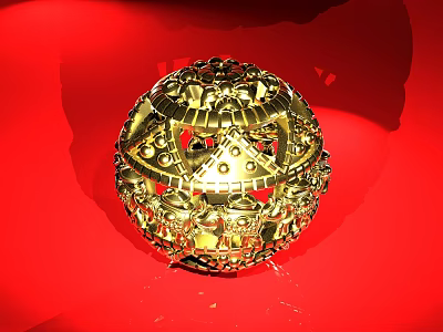 Elegant Gold Spherical Jewelry With Intricate Hollow Design On Red Background 3d model