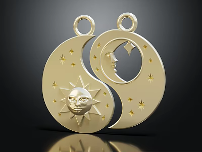 Gold Yin Yang Jewelry Pendant With Sun Moon Face And Star Details 3d model