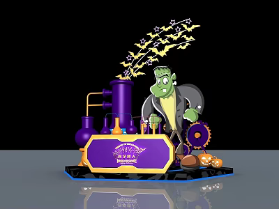 Halloween Themed Photo Spot With Green Monster Purple Machine Bats Stars And Pumpkin Lanterns 3d model