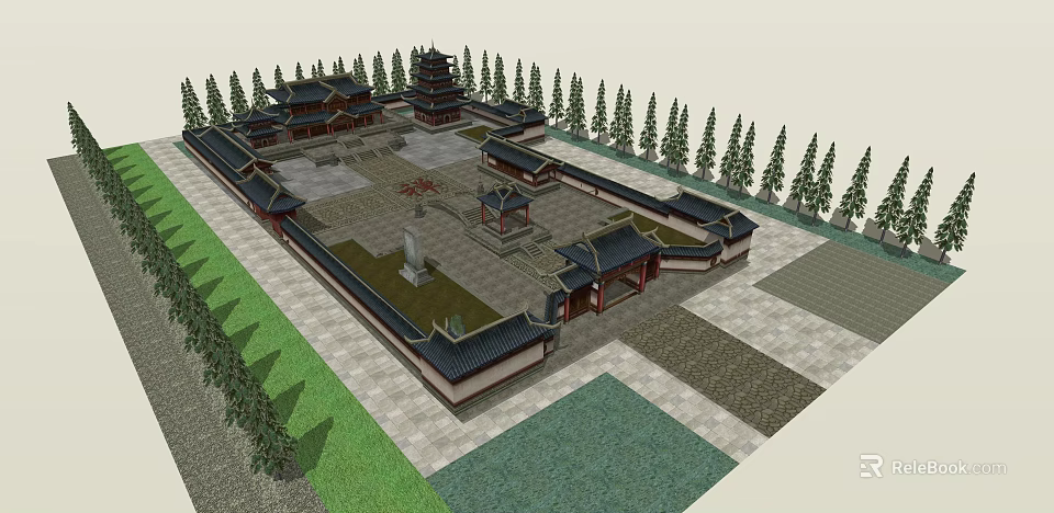 Traditional Chinese Ancient Architecture With Courtyard Layout And Tower Pavilions Surrounded By Trees 3d model 