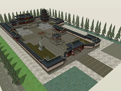 Traditional Chinese Ancient Architecture With Courtyard Layout And Tower Pavilions Surrounded By Trees 3d model