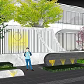 Modern Garden Landscape With Water Pool Circular Stepping Stones Curved Structure And Cherry Blossom Tree