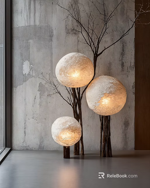 Three Floor Lamps With Round Woven Shades Branch Like Stand And Warm Light 3d model 