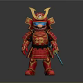 Cartoon Samurai Figurine In Red Armor With Golden Accents And Yellow Helmet Holding Sword