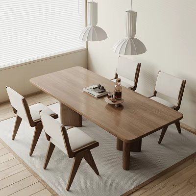 Modern Wooden Dining Table Set With Four White Chairs And Pendant Lights Near Window 3d model