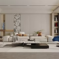 Modern Sofa Coffee Table Combination With White Sofa Tray Vase Blue Chair Green Plant And Floor To Ceiling Windows