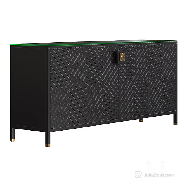 Stylish Black Decorative Cabinet With Geometric Pattern Glass Top And Gold Accents 3d model 