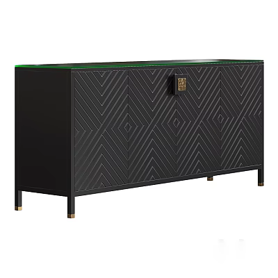 Stylish Black Decorative Cabinet With Geometric Pattern Glass Top And Gold Accents 3d model