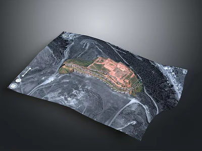 Aerial Scenic Landscape with Central Red Structure and Surrounding Rocky Terrain 3d model