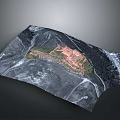 Aerial Scenic Landscape with Central Red Structure and Surrounding Rocky Terrain