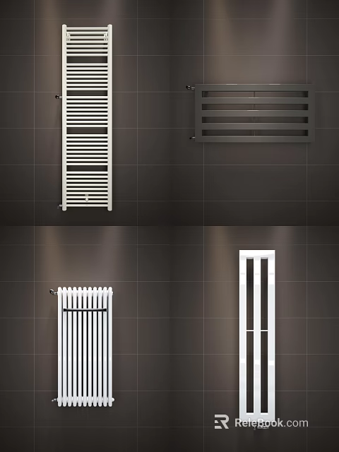Modern White Radiators With Various Designs Mounted On Dark Tiled Wall 3d model 