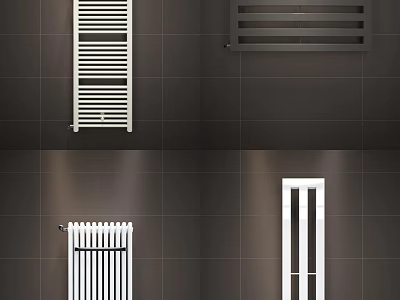 Modern White Radiators With Various Designs Mounted On Dark Tiled Wall 3d model