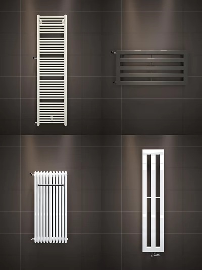 Modern White Radiators With Various Designs Mounted On Dark Tiled Wall 3d model