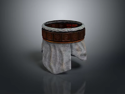 Traditional Hat With Rounded Top Brown Carved Decorative Band And Gray Hanging Fabric 3d model