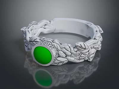 White Braided Bracelet With Intricate Leaf Pattern And Green Round Gemstone 3d model