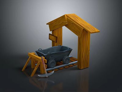 Detailed 3D Mining Scene Structure With Wooden Shelter Mine Cart And Pickaxe 3d model