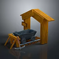 Detailed 3D Mining Scene Structure With Wooden Shelter Mine Cart And Pickaxe