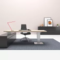Modern Office Desk With Black Chair Red Desk Lamp Black Cabinets Gray Rug And Decorations