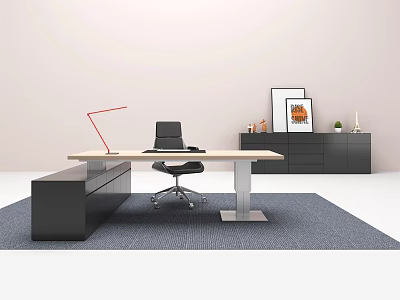 Modern Office Desk With Black Chair Red Desk Lamp Black Cabinets Gray Rug And Decorations 3d model