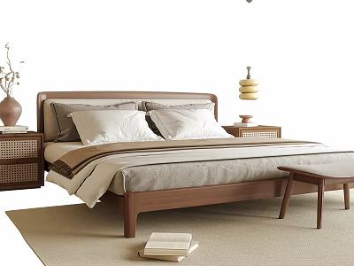 Modern Double Bed With Wooden Frame Pillows Bedside Tables Lamp Rug And Foot Bench 3d model