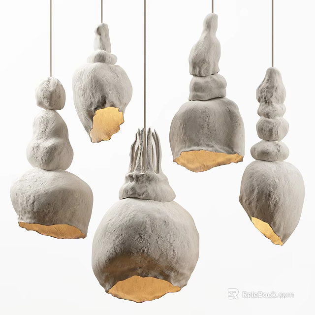 Unique Textured White Pendant Lights With Irregular Shapes And Warm Yellow Glow 3d model 