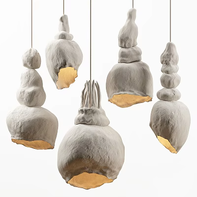 Unique Textured White Pendant Lights With Irregular Shapes And Warm Yellow Glow 3d model