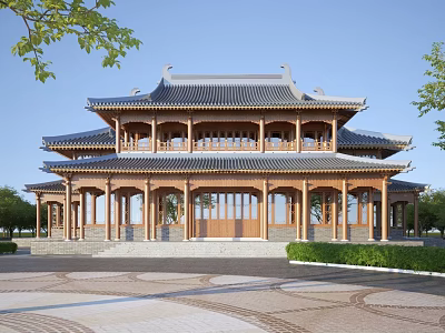 Traditional Chinese Architectural Building With Multi Layered Roof Wooden Columns And Stone Paved Courtyard 3d model