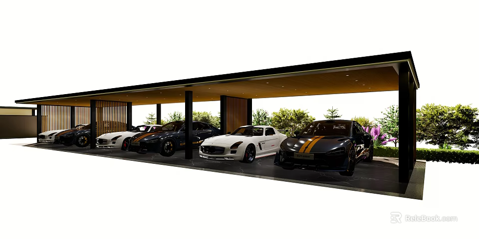 Covered Parking Lot With Neatly Parked Luxury Cars And Modern Roof Design 3d model 