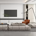 Modern Living Room Interior With Gray Modular Sofa Orange Armchair And Black TV
