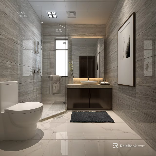 Stylish Modern Bathroom With Grey Marble Tiles Glass Shower Enclosure And Wooden Vanity Cabinet 3d model 