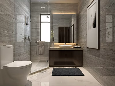 Stylish Modern Bathroom With Grey Marble Tiles Glass Shower Enclosure And Wooden Vanity Cabinet 3d model