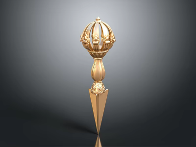 Golden Sculpture Carving With Intricate Top Design And Pointed Base Structure 3d model