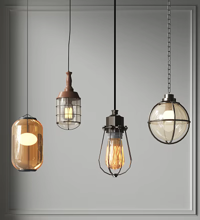 Vintage Pendant Lights With Metal Cage Glass Shade And Exposed Edison Bulbs Against Grey Wall 3d model