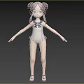A Woman With Double Buns Hairstyle In White One Piece Swimsuit And Bow Tie Sandals