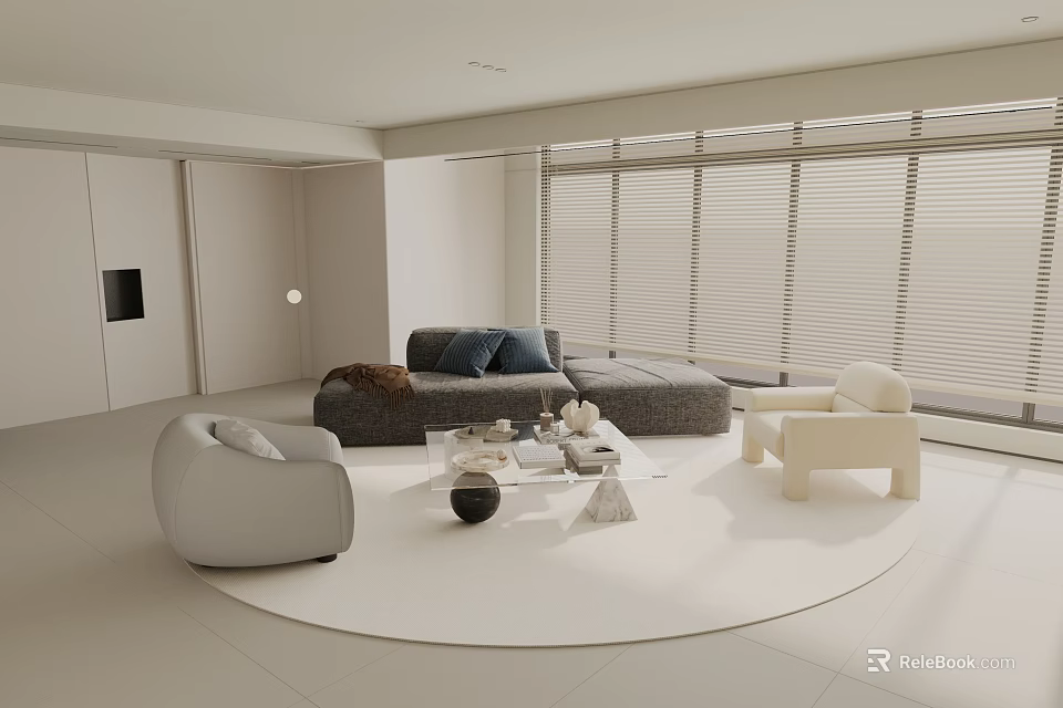 Bright Minimalist Neutral Living Room With Sectional Sofa Comfy Armchairs And Acrylic Coffee Table 3d model 