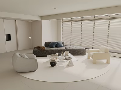 Bright Minimalist Neutral Living Room With Sectional Sofa Comfy Armchairs And Acrylic Coffee Table 3d model