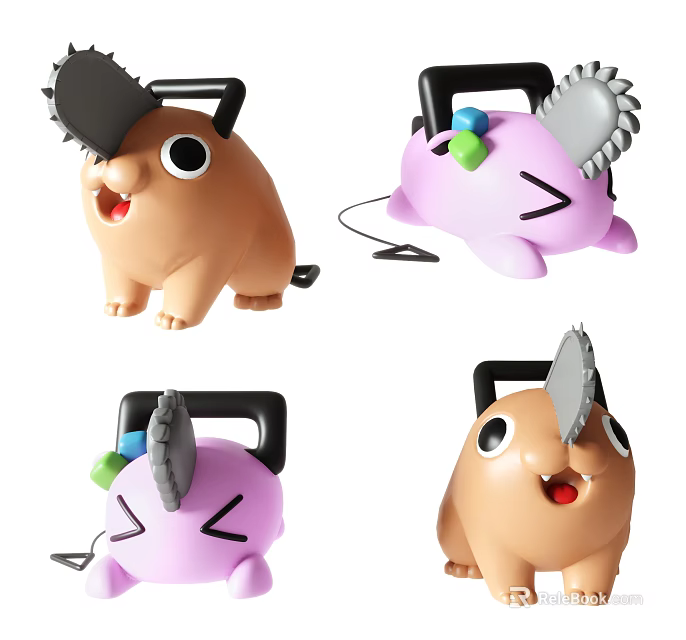 Cartoon Dolls With Saw Design Brown And Purple Plush Toys Happy Playful Faces 3d model 
