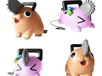 Cartoon Dolls With Saw Design Brown And Purple Plush Toys Happy Playful Faces 3d model