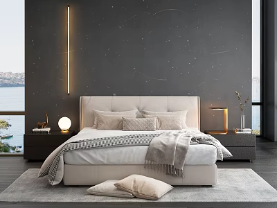 Background Double Bed With Modern Gray Wall Floor to Ceiling Window and Sea View 3d model