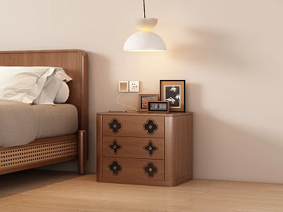Wooden Bedside Table With Walnut Finish Decorative Drawers Table Lamp And Photo Frame Near Bed 3d model