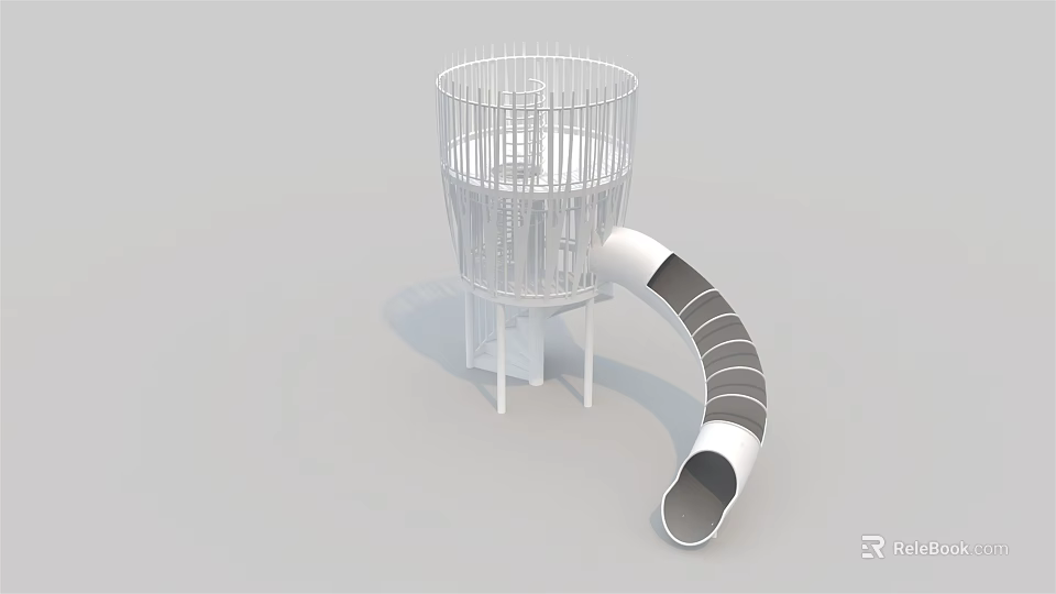 White Cage Like Playground Equipment with Curved Slide and Elevated Structure Design 3d model