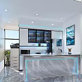 Modern Public Office Space with Desks Chairs Sofa Green Wall And Circular Ceiling Light